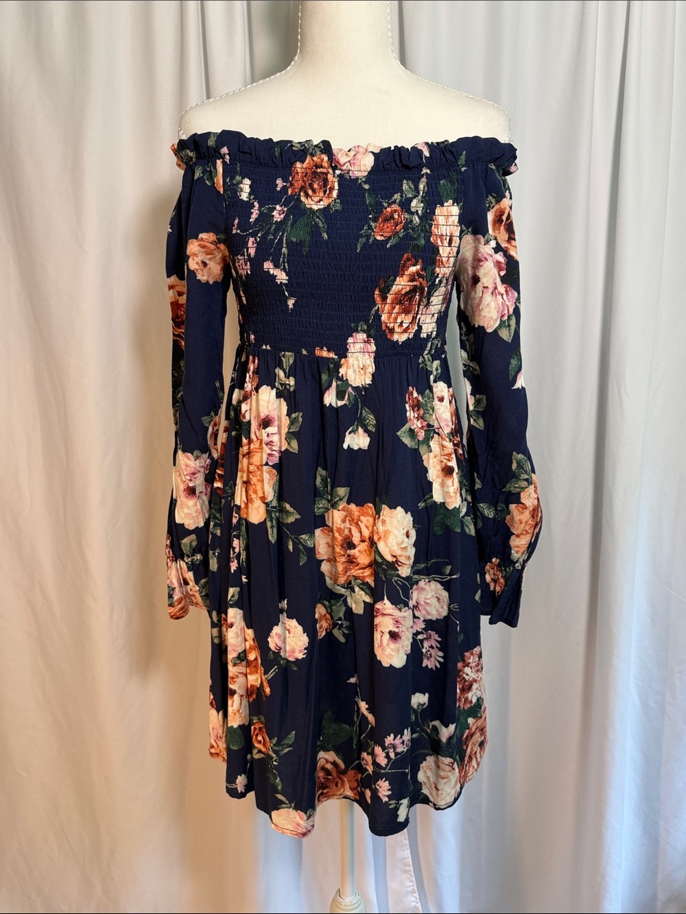 Xhilaration Navy Off-Shoulder Floral Mini Dress